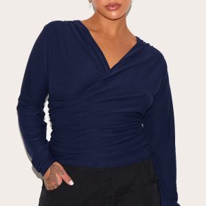 Plus Navy Soft Touch Ruched Long Sleeve Longline Top
