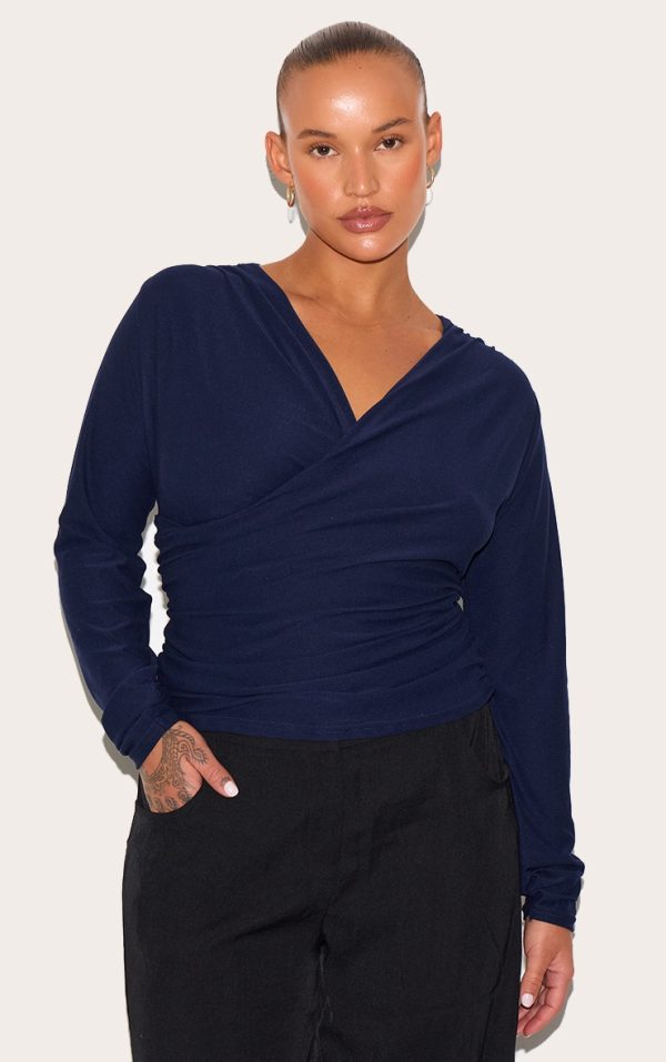58bae962ffc437daca4fa2a1aff571fff8e479ff_CNM2637_1_plus_navy_soft_touch_ruched_long_sleeve_longline_top