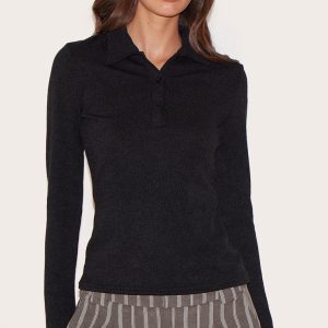Black Textured Button Down Flared Long Sleeve Top