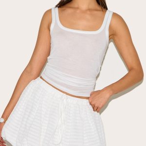 White Textured Tie Waist Detail Puffball Mini Skirt