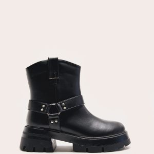 Black Wide Fit Cleated Sole Buckle Ring Detail Ankle Boots