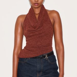 Brown Textured Cowl Neck Backless Long Top