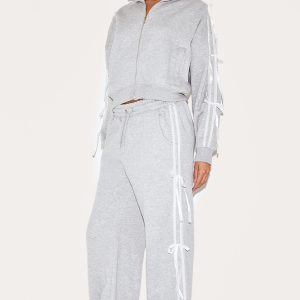 Grey Marl Velvet Bow Detail Wide Leg Joggers