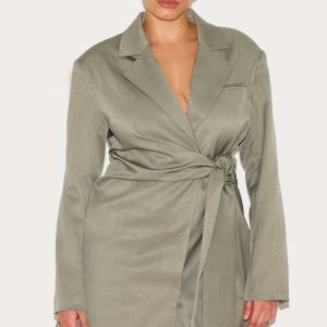 Plus Grey Woven Bazer Side Tie Mini Dress