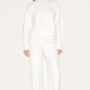 Cream Soft Ribbed Straight Leg Trousers