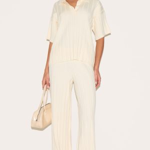 Cream Wide Rib Knit Trousers