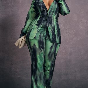Plus Green Grunge Print Chiffon Flare Trousers