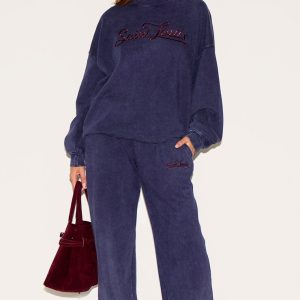 Navy Saint Louis Embroidered Wide Leg Joggers