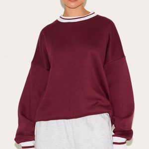 Burgundy Striped Ribbed Hem Oversized Sweatshirt