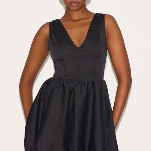 Black Tailored Woven V Neck Puffball Mini Dress