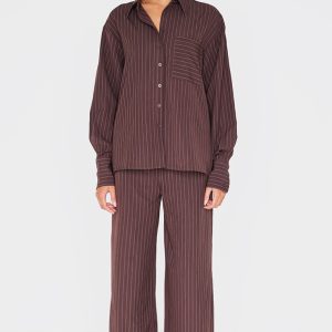 Dark Brown Woven Pinstripe Detail Wide Leg Trousers