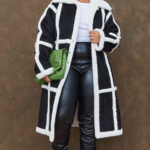 Plus Black Faux Suede Square Borg Panelled Coat