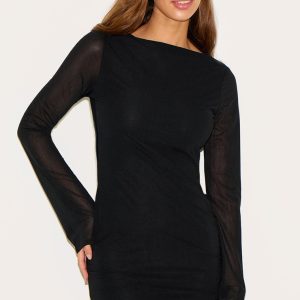 Black Chiffon Boat Neck Long Sleeve Shift Dress
