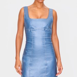 Blue Cut Out Back Coated Denim Mini Dress