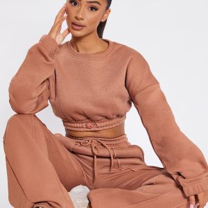 Petite Tan Crop Elasticated Hem Sweat Top