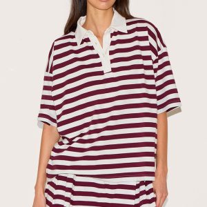 Red Striped Oversized Collared T-shirt