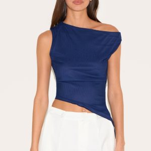 Navy Mesh Asymmetric Neck Top