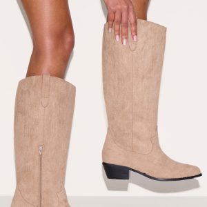 Taupe Faux Suede Point Toe Knee High Western Boots