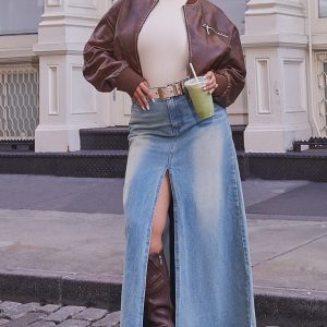 Brown Faux Leather Mottled Texture Zip Detail Bomber Jacket