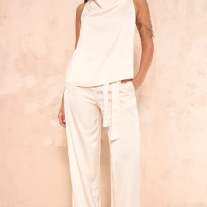 Ecru Satin Tailored Belted Wide Leg Trousers