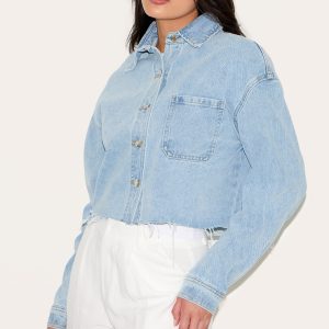 Light Blue Wash Raw Hem Cropped Denim Shirt