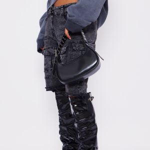 Black Wide Fit Patent Pu Point Toe Buckle Ruched Block Heel Knee Boots