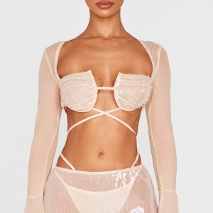 Petite Nude Sequin Cup Deatil Crop Top With Mesh Sleeves