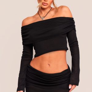 Black Sheer Burnout Mesh Fold Over Hem Long Sleeve Bardot Top