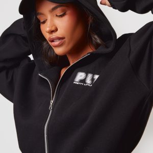 PRETTYLITTLETHING Black Elasticated Hem Zip Up Hoodie