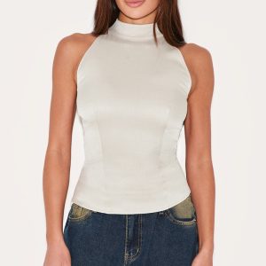 Mushroom Woven High Neck Tie Detail Top
