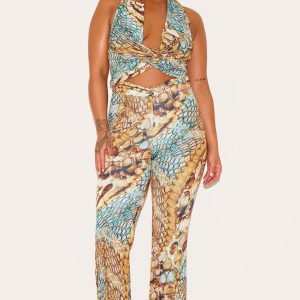 Plus Multi Abstract Snake Print Double Layer Slinky Flare Trousers