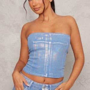 Petite Blue Iridescent Metallic Denim Panel Long Top