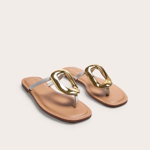 White Pu Square Toe Thong Trim Detail Resin Sole Flat Sandals