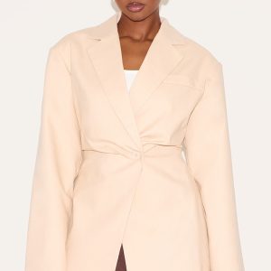 Beige Linen Look Tailored Cinched Waist Blazer