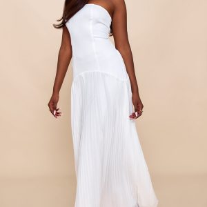 White Woven Bandeau Pleated Hem Detail Maxi Dress