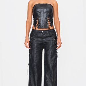 Black Coated Denim Lace Up Wide Leg Jean