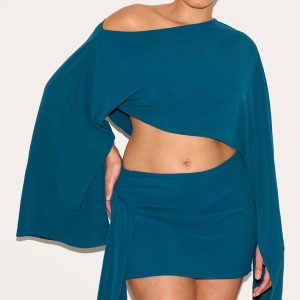 Plus Teal Floaty Woven Slash Neck Long Sleeve Top