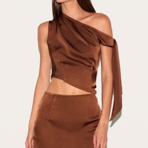 Chocolate Tie Shoulder Satin Top