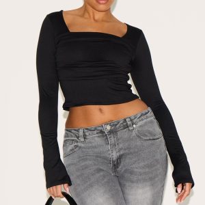 Shape Black Super Soft Scoop Neck Ruched Bust Long Sleeve Top