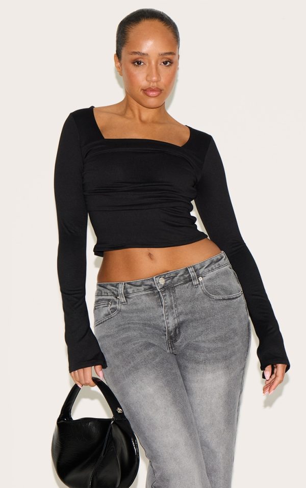 5c2d0684d1a544f13372ae6d2ab581b772ebbaf2_CNM8575_1_shape_black_super_soft_scoop_neck_ruched_bust_long_sleeve_top