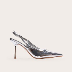 Silver PU Point Toe Sling Back Mid Heeled Courts