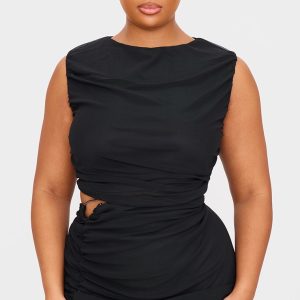 Plus Black Mesh Ruched Trim Detail Crop Top