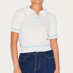 Petite Baby Blue Knitted Polo Top