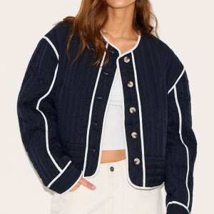 Navy Button Up Round Neck Quilted Jacket