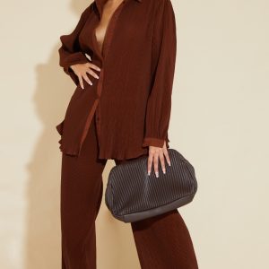 Chocolate Brown Plisse High Waisted Wide Leg Trousers