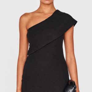 Black Heavy Rib Asymmetric Bodycon Dress