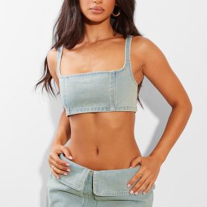 Petite Vintage Wash Denim Square Neck Extreme Crop Top