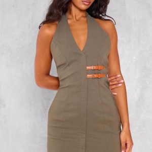 Dark Khaki Stretch Woven Belted Bodycon Dress