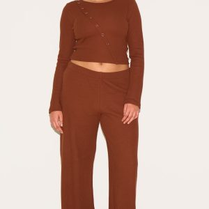 Plus Chocolate Mid Rise Wide Leg Waffle Trouser