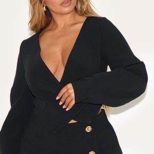 Shape Black Linen Look Asymmetrical Hammered Button Blazer